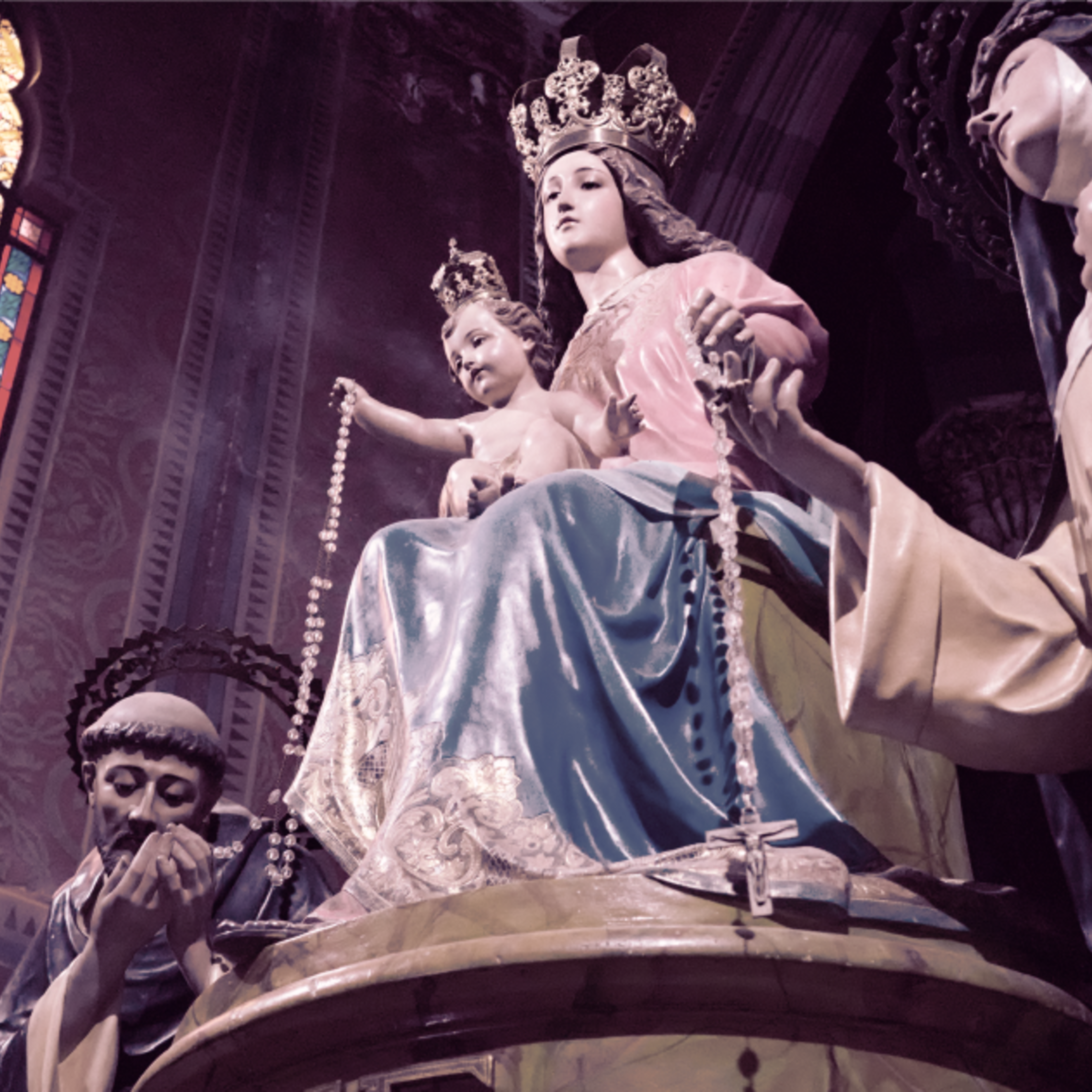 Statue of Our Lady handing a Rosary to St. Dominic and St. Catherine of Siena
